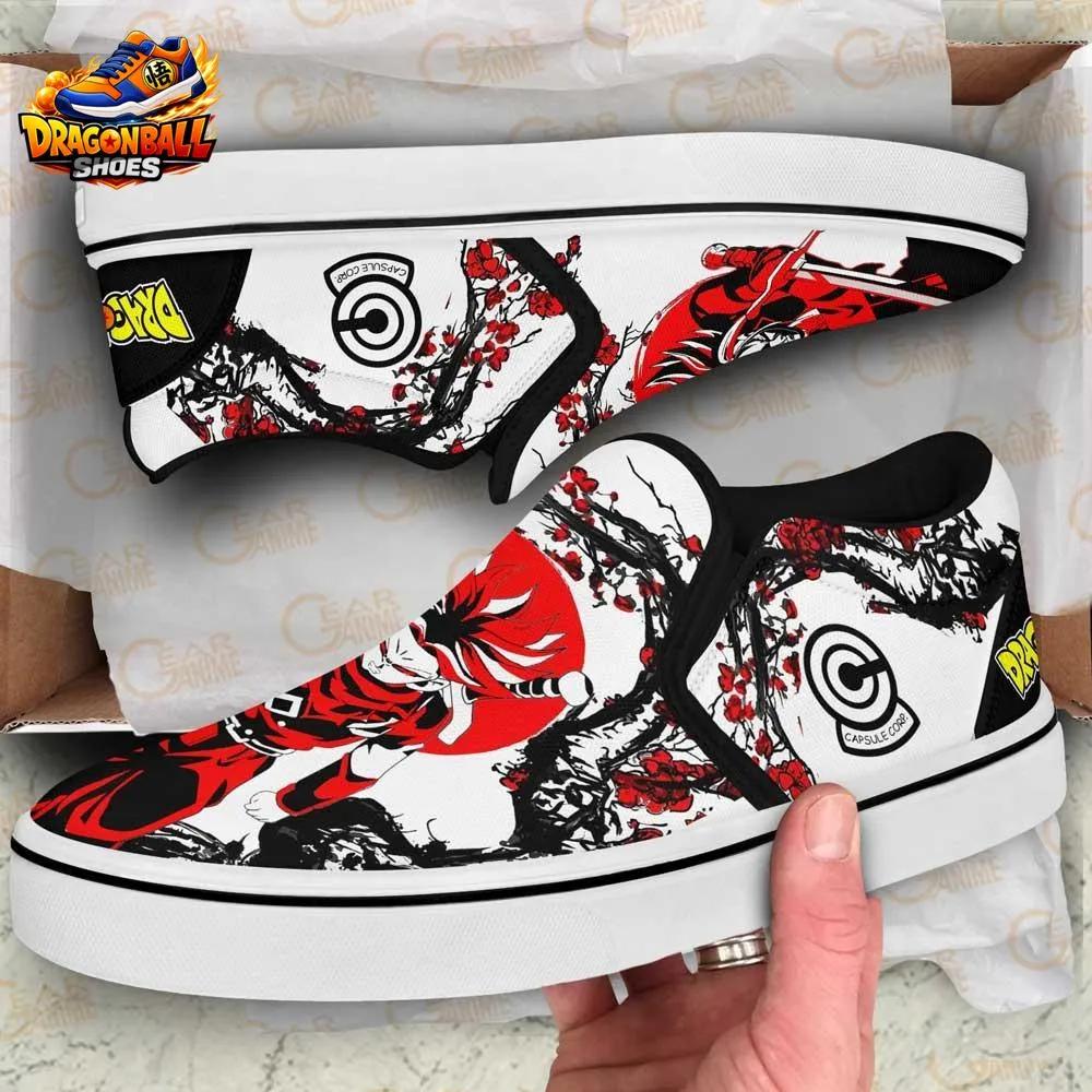 Trunks Crimson Sword Slip-On Shoes – Red Black Dragon Ball Sneakers Trunks Crimson Sword Slip-On Shoes – Red Black Dragon Ball Sneakers